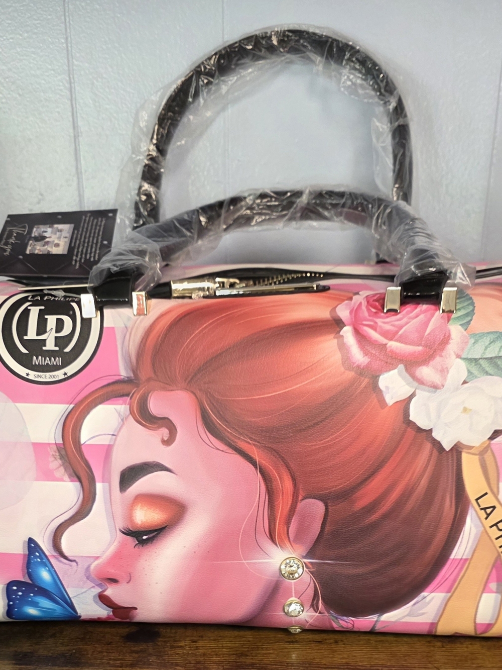 Othr Pink Illustrated Dome Satchel with Black Handles and Floral Detail